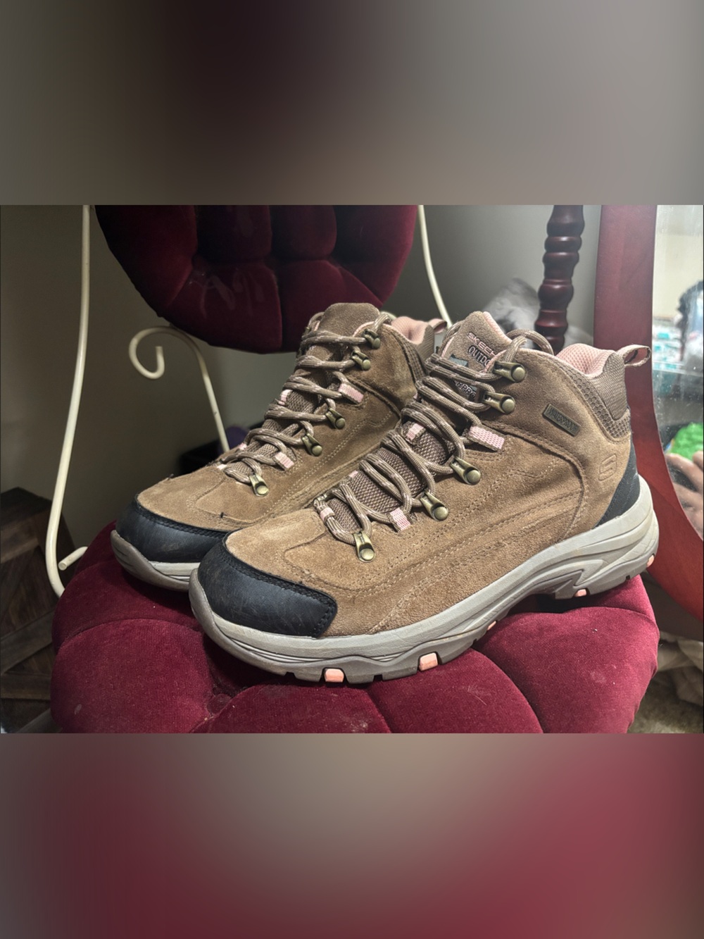 Skechers Brown and Black Suede Hiking Sneakers with Pink Accents